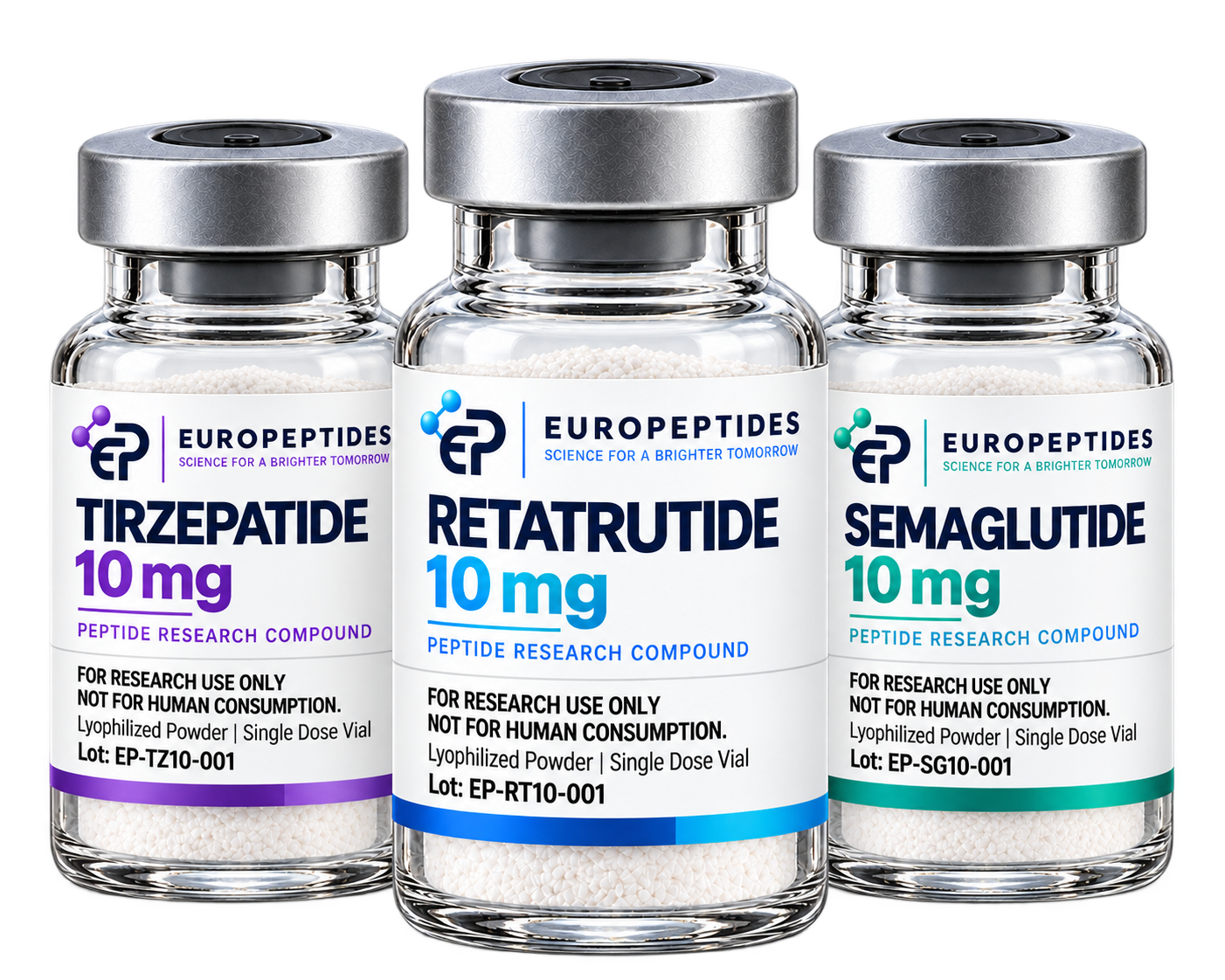 Drei Vials: Tirzepatid, Retatrutid und Semaglutid